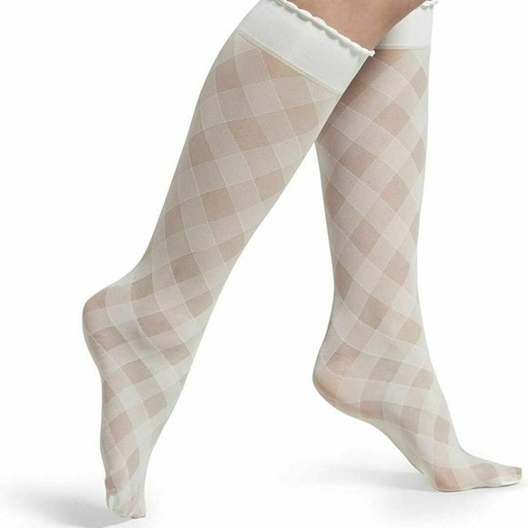 HUE Accessories - Hue White Diagonal Gingham Sheer Fashion Knee Hi Socks